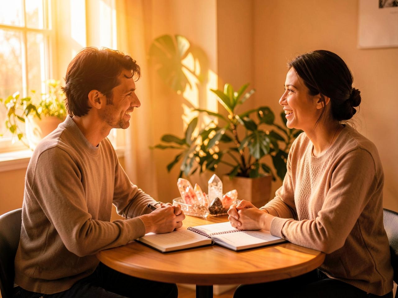 A beginner learning spiritual consulting in a warm sunlit room