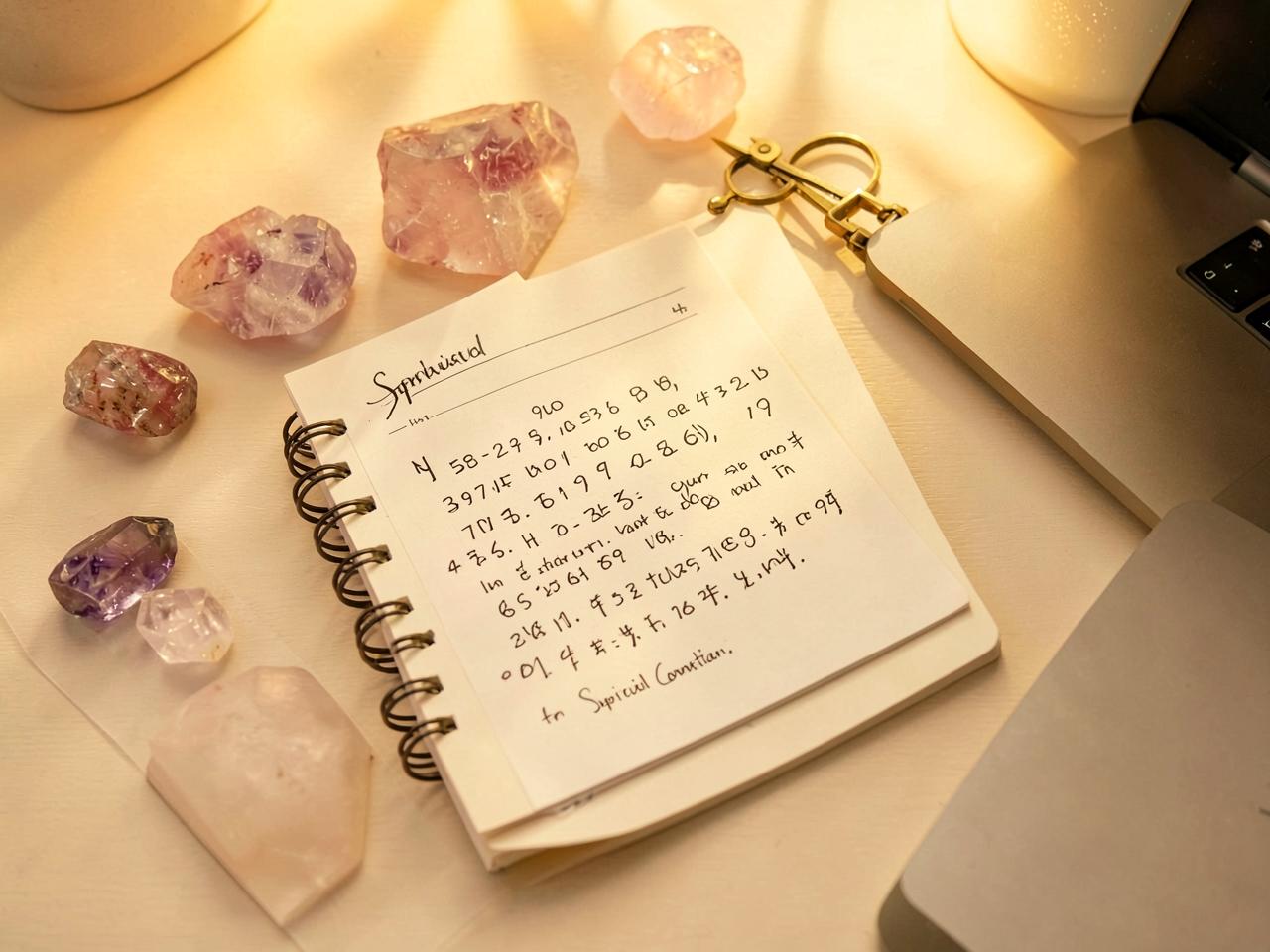 Numerology notebook and healing crystals on a desk